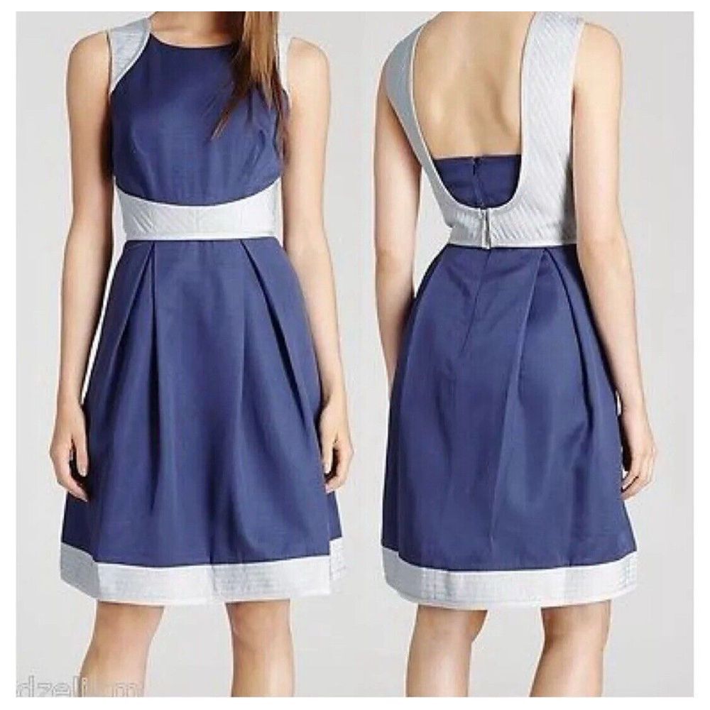 Reiss Womens Teddy Fit & Flare Quilted Dress Color Block‎ Blue Gray Size US 2